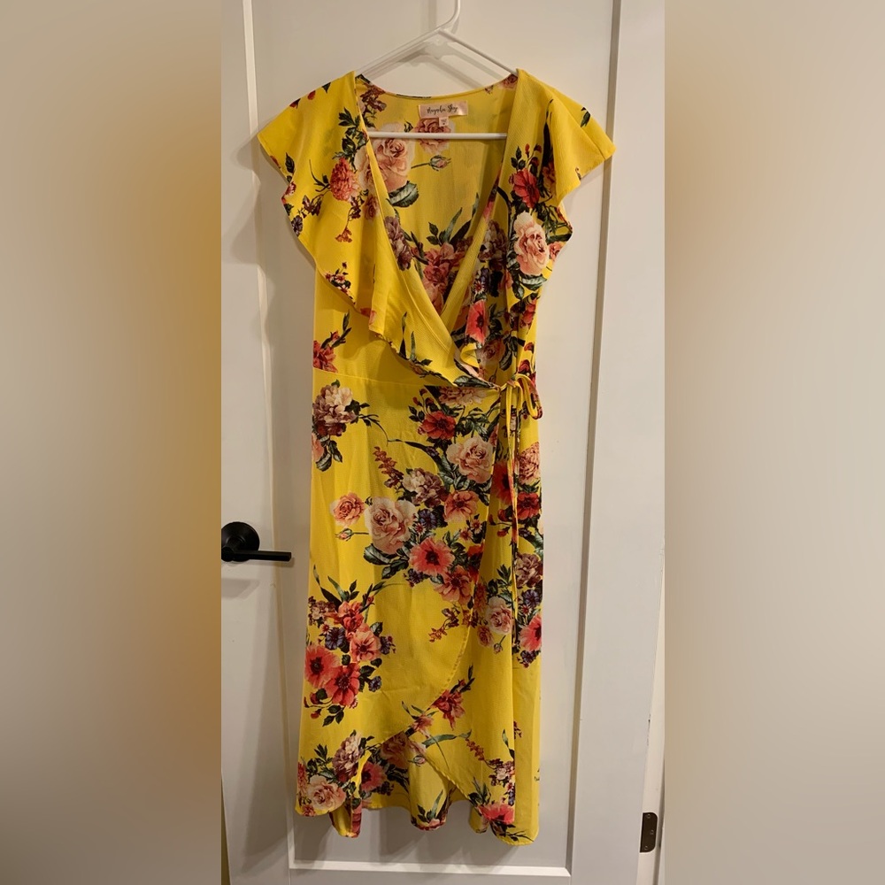 Magnolia Skye Yellow Floral Midi Wrap Dress